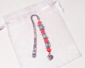 Holiday green & red bookmark, Tibetan silver metal flowered bookmark, SING charm bookmark