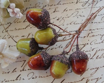 6 Vintage German Millinery Fruit Acorns Lacquered Spun Cotton Glittered Millinery Flower Stamens Pips Antique Christmas Hat Cloche Hat Trim