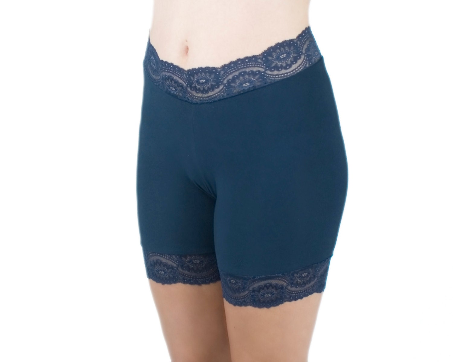 Cotton Biker Shorts Navy Blue Soft Lace Trim Skimmies Modesty