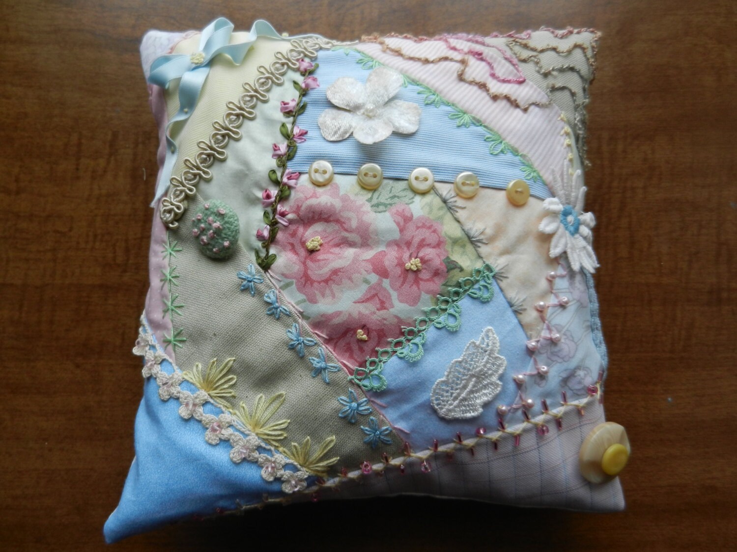 Sweetly Embellished Crazy Quilt Pillow in Pastels