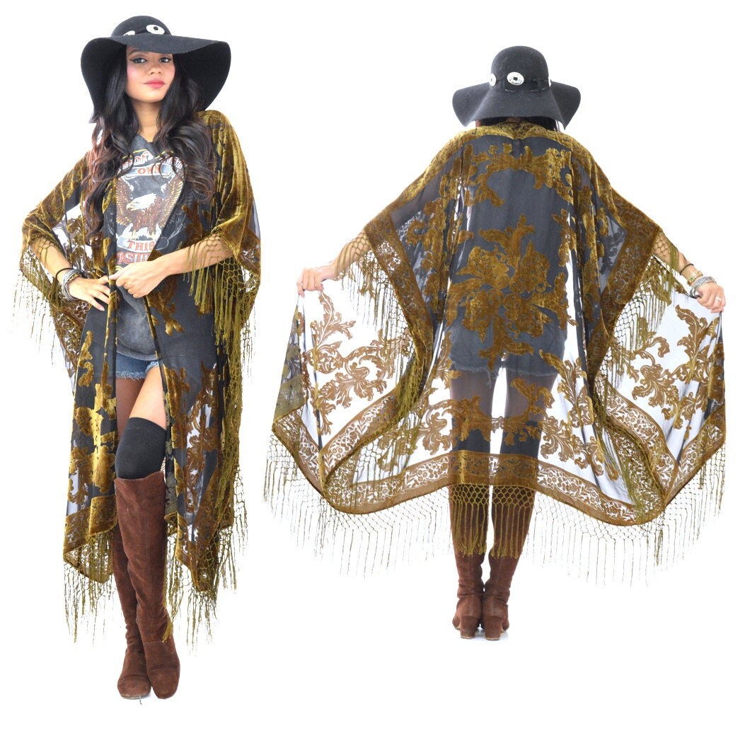 Sheer Silk Burnout Velvet Fringe Hippie Boho Gypsy MOSS Fall