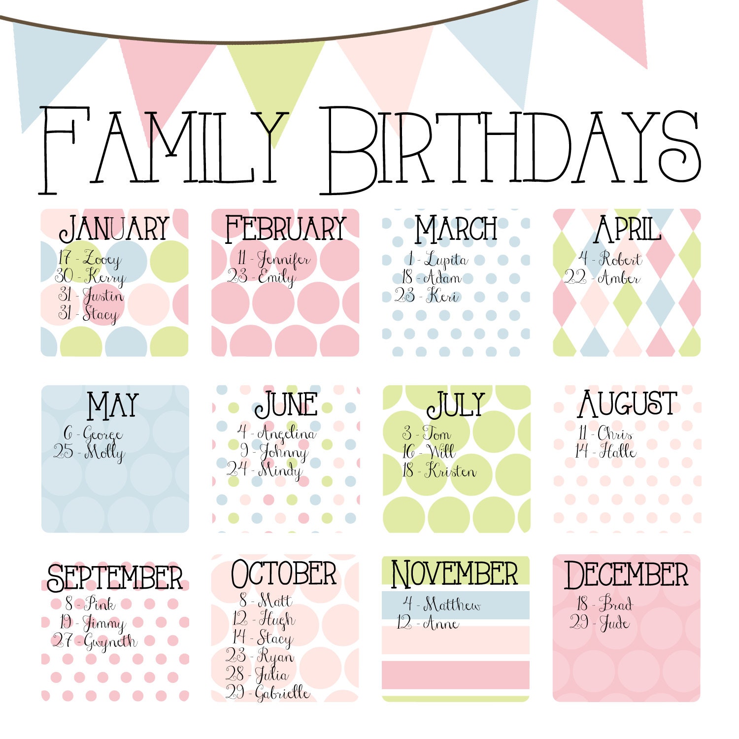 Family Birthday Calendar Digital copy you print in
