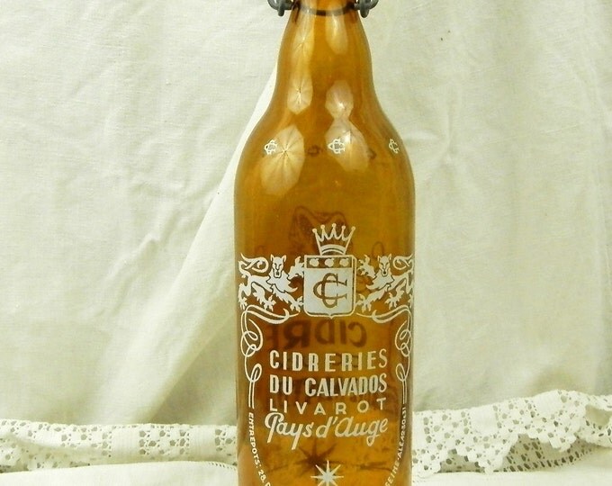 Vintage French Amber Glass Cider Bottle with a Metal and Ceramic Clasp Cap / Normandy / Cidre / Reine Mathilde / Calvados / Man Cave / Decor