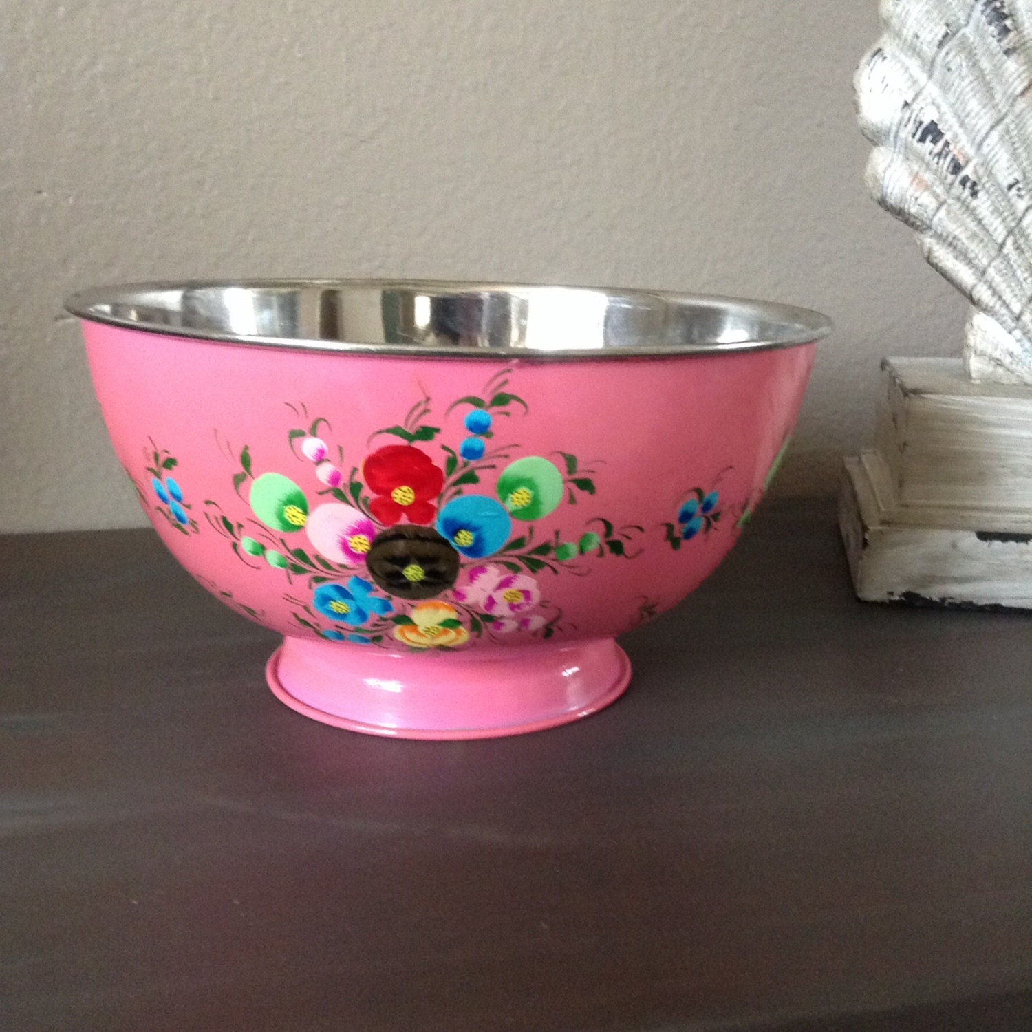 Pink Metal Serving Bowl Handpainted Pink Bowl Pink Serving Mixing