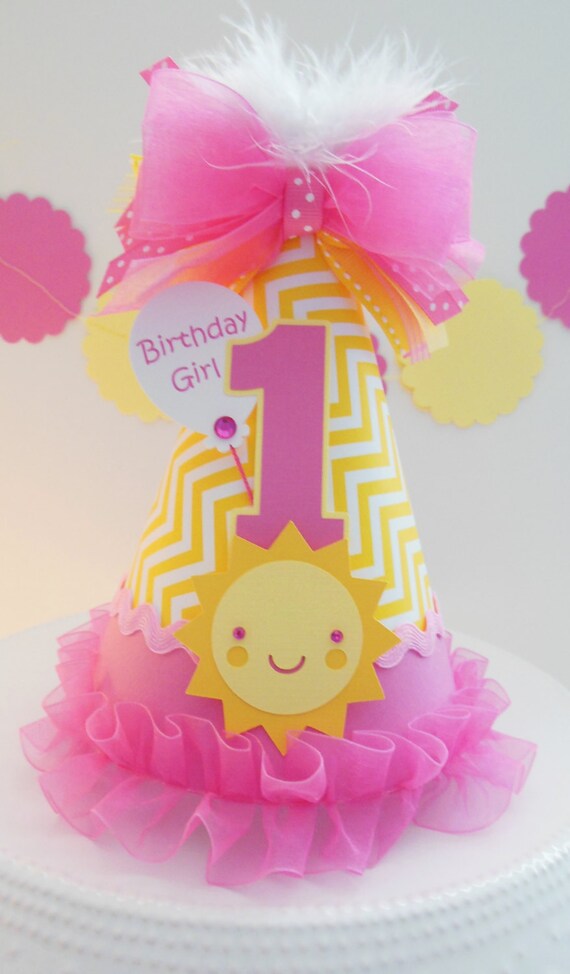 Pretty in Candy Pink Sunshine Girl - Candy Pink and Yellow Chevron - You Are My Sunshine Birthday Party Hat - Personalized Il_570xn