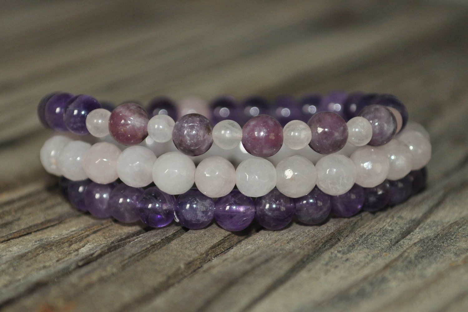 Stress Mala Bracelet Lepidolite Rose Quartz Amethyst by PineShanty