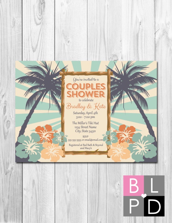 Luau Couples Shower Invitation - Bridal Shower - Palm Trees and Flowers - Retro - DIY - Printable Il_570xn