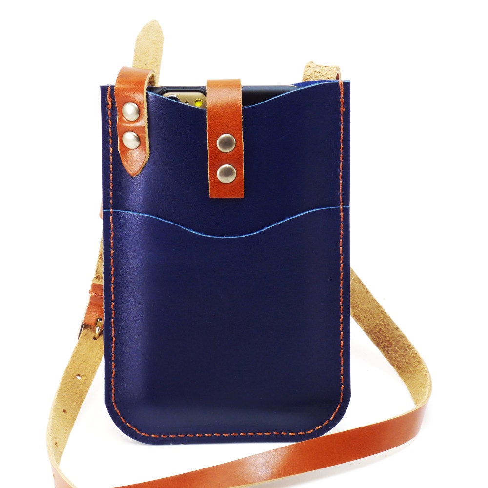 Navy Blue iPhone 6 PLUS Crossbody Wallet w Brown Straps 2 Card