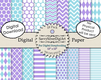 Turquoise & Purple Digital Paper - Instant Download, Polka Dot Paper, Stripe Paper, Chevron, Harlequin, Scrapbook Paper