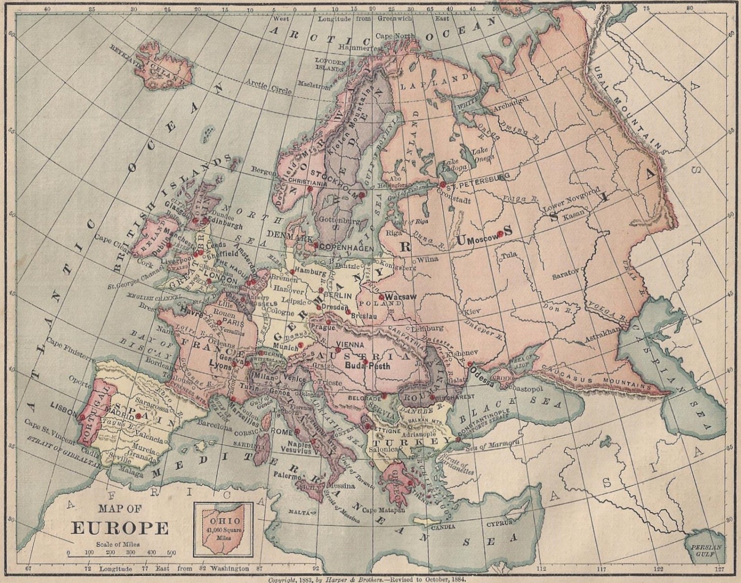 1884 Map of Europe Russia Germany Austria France by MyPaperedPast