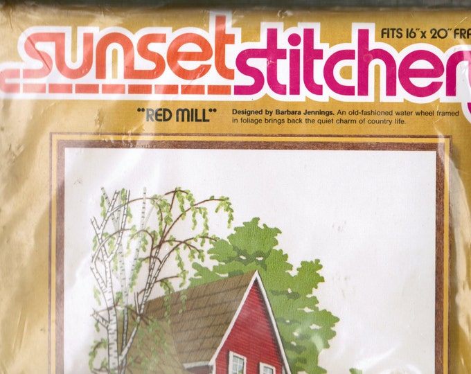 DIY Crewel Embroidery, Vintage Sunset Stitchery, Red Mill Embroidery Kit Old Fashioned Water Wheel