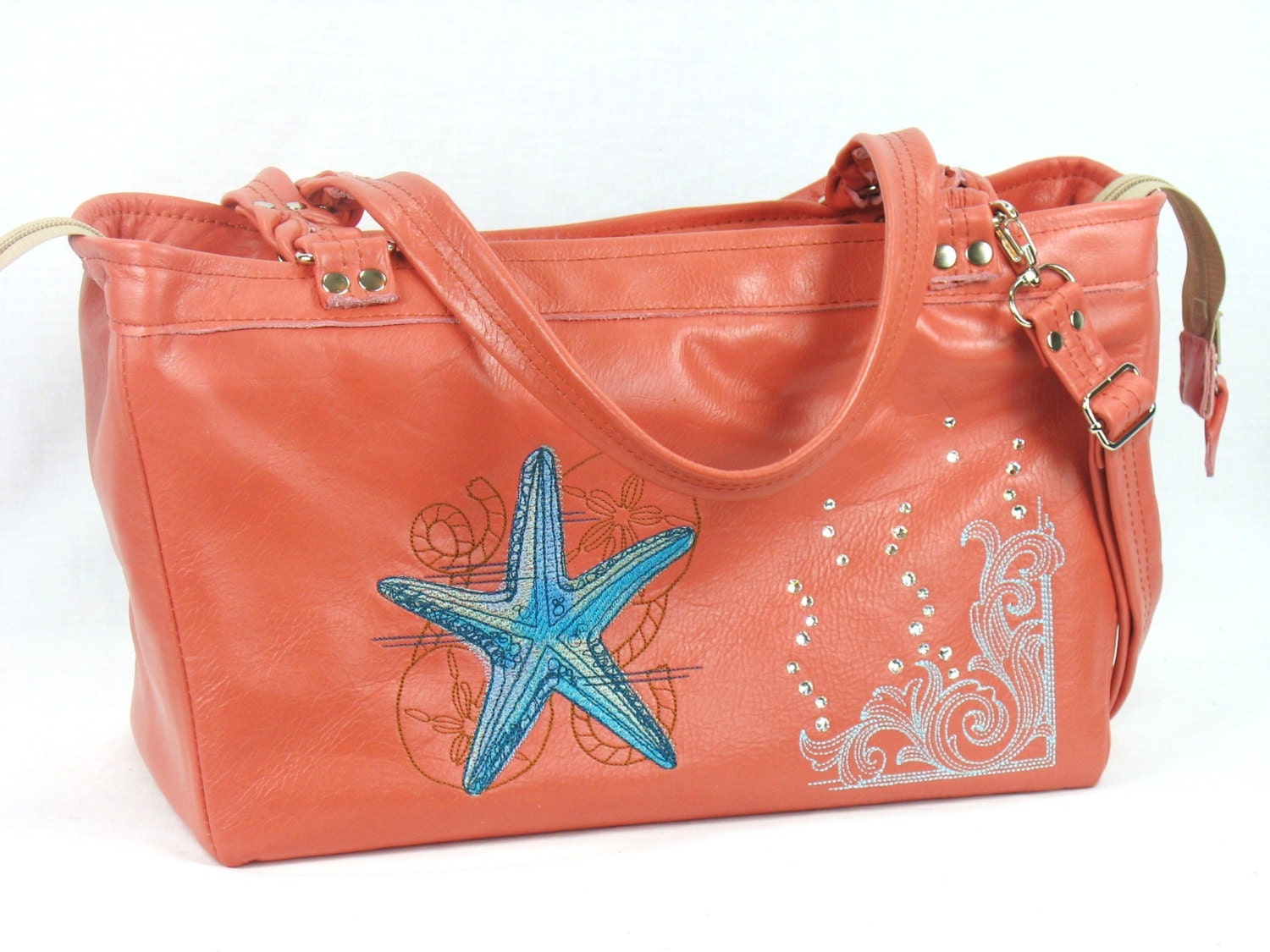 Coral Leather Handbag Beach Tote Salmon Leather Satchel