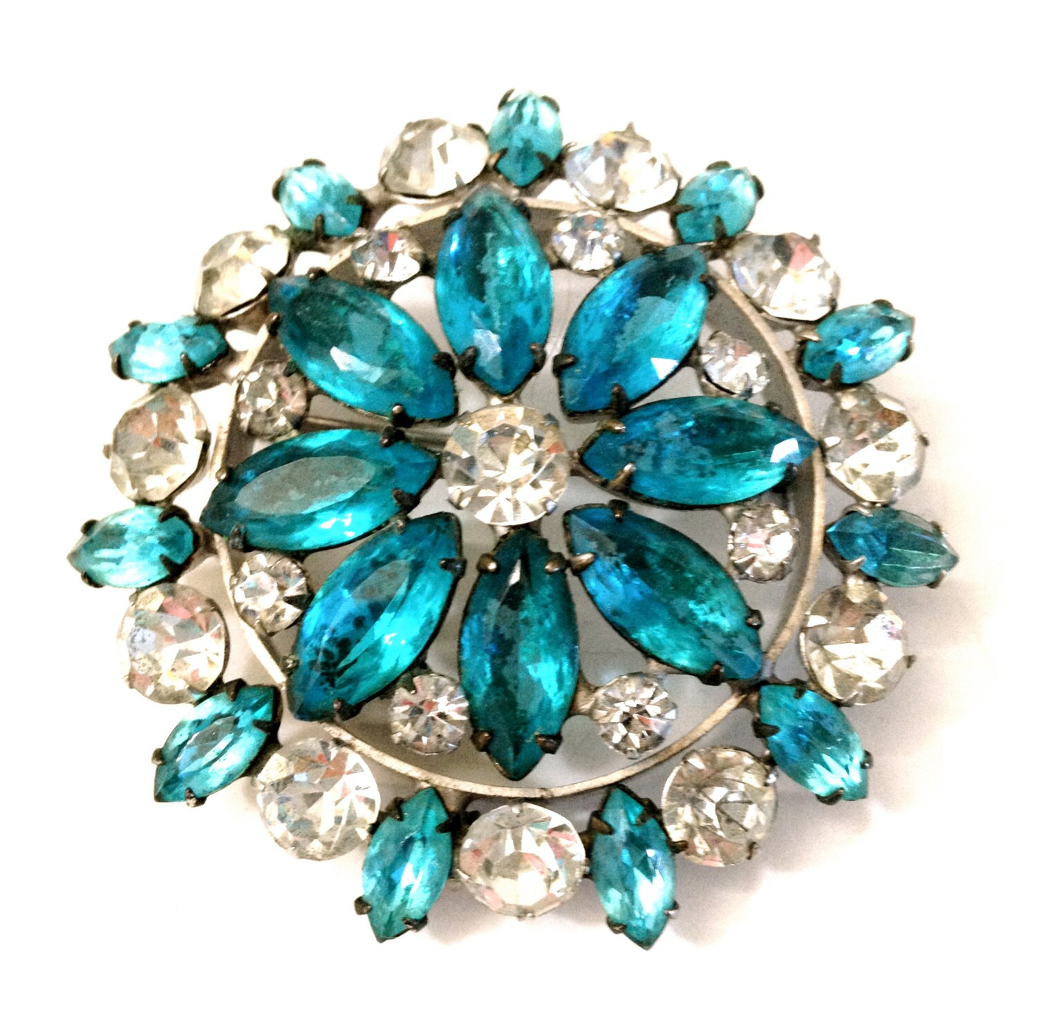Vintage Turquoise Rhinestone Brooch
