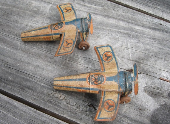 2 vintage metal airplane whistle tin toy litho by troutsJunkShop