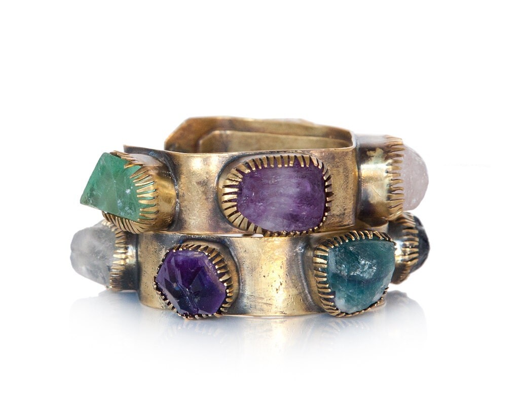 Raw crystal stones cuff boho style in solid bronze made to