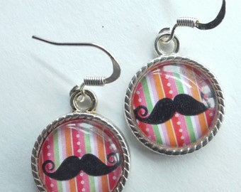 Moustache earrings Kawaii glass dome dangle jewelry 1890s barbershop handmade Kitsch Accessories