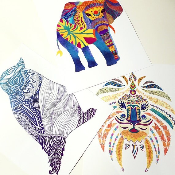 Colorful Whimsical Animal Wall Art Set of 3 Prints Elephant