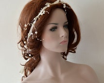 Wedding Pearl headband, Pearl tie headband, for weddings with ivory flowers, bridal hair - il_214x170.729007117_5mfn