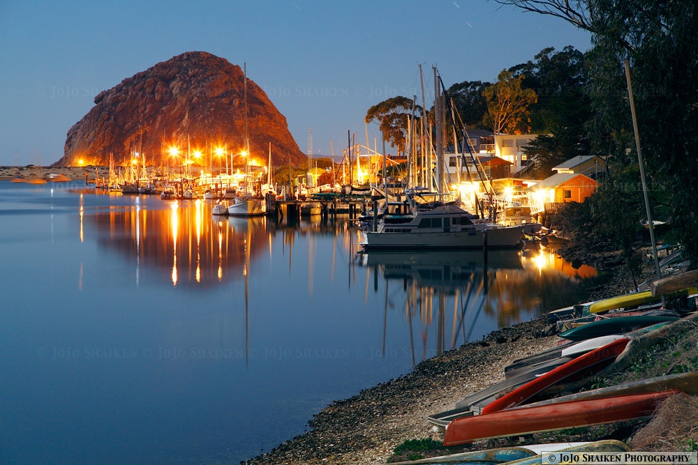 Moonlit Morro Bay Morro Rock Night Moonlight by JoJoShaikenPhotos