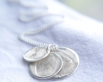 Fingerprint jewellery, Triple descending sterling silver fingerprint charms, Fingerprint necklace, Fingerprint charms