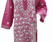 Tunic Embroidered Dress Cotton Bohemian Hippie Pink Kurta Kaftan Kameez Indian Style