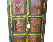 Vintage Furniture-Jodhpur Peacock Carved Teal Patina Storage Armoire Cabinet Reclaimed  Indian