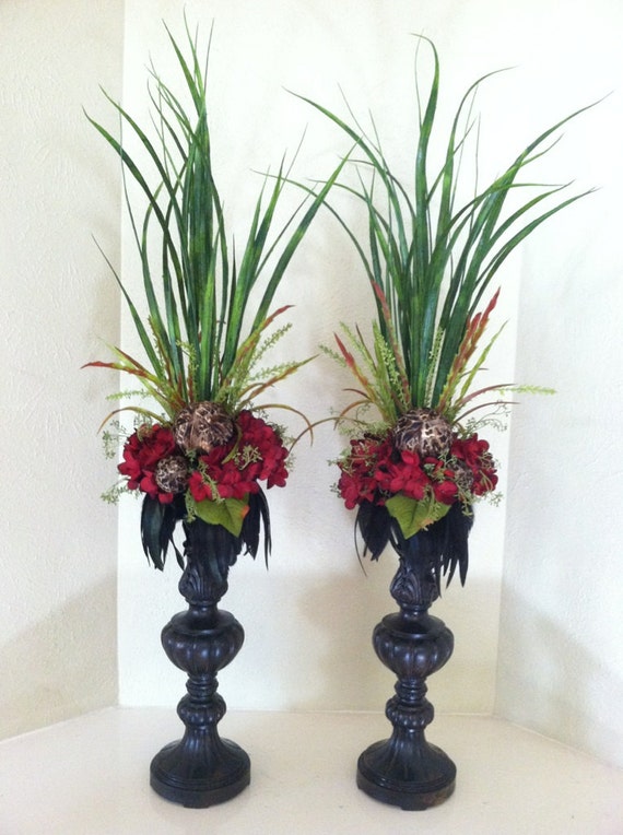 Pair of Tall Red Hydrangea Faux Floral Arrangements Silk