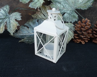 WHITE Mini Metal LANTERN ~ Tea Light tealight Candle Holder ~ Fall Christmas Centerpiece Rustic Decor ~ Primitive ~ Cottage