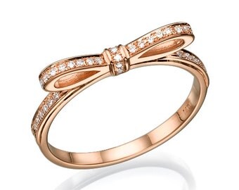 Rose Gold Bow Tie Wedding Diamonds Ring 0.12 carat Natural Diamonds Unique Band "Bow tie band" Ring in 14k White/ Yellow/ Rose Gold