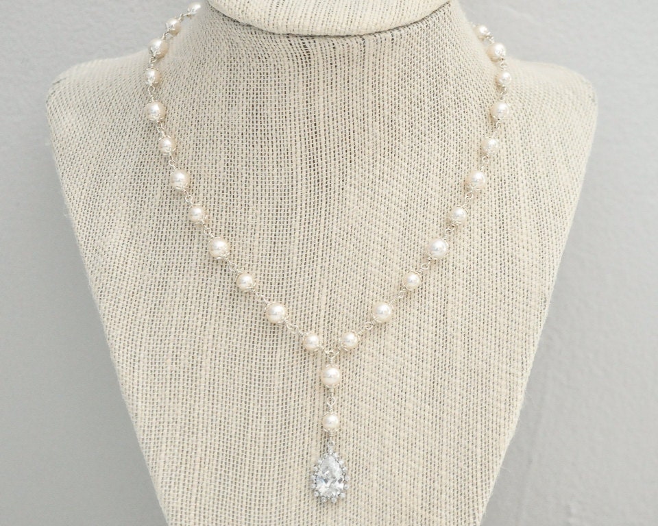 CZ Teardrop Necklace Bridal Y Necklace Sterling Silver