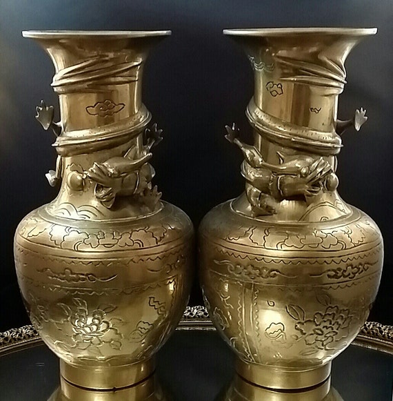 2 Antique Chinese Bronze Brass Dragon Vase Asian Zodiac