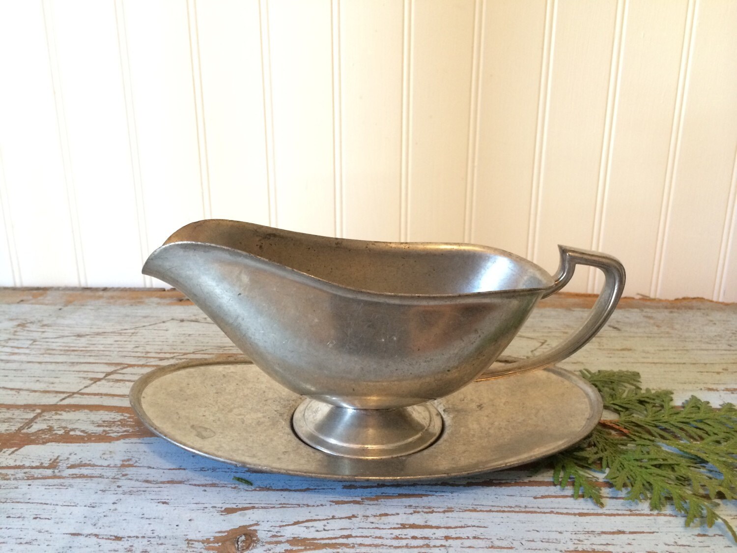 Vintage Marion Pewter Gravy Boat with Tray 773 by CottageBlu