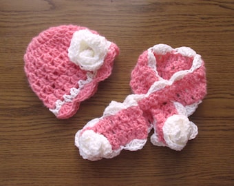 Holiday gift guide,Gifts for kids ,kid christmas outfit ,Crochet baby hat, scarf, baby girl ,hat scarf set pink white flowers