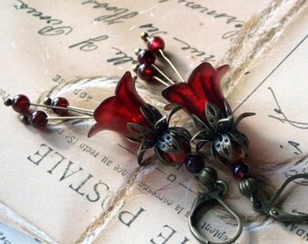 Lucite Earrings, Flower Earrings, Copper Cranberry, Victorian Earrings, Boho Earrings, Drop Earrings, Red Flower Earrings, Mother's Day Gift