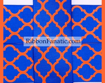 5 yds 1.5" Electric Blue and Orange Florida Gators Quatrefoil Moroccan Tile Lattice Grosgrain Ribbon