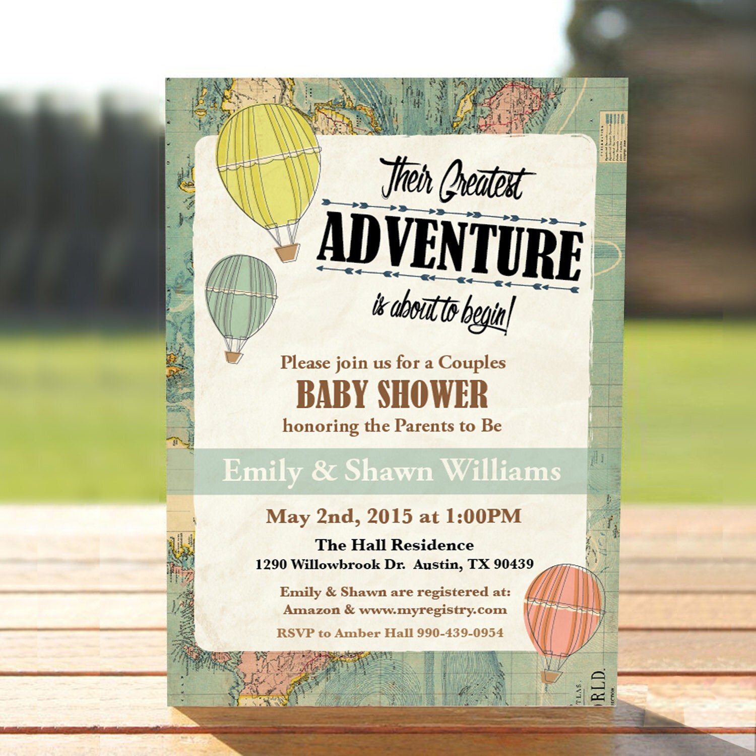 Vintage Map & Hot Air Balloon Couples Baby Shower Invitation