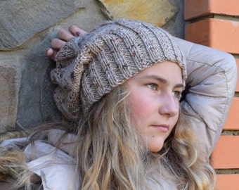 Woman slouchy beanie womens knit slouch hat hippie beanies chunky hat Gray Beige Women knitted hat young women gift for her birthday gift
