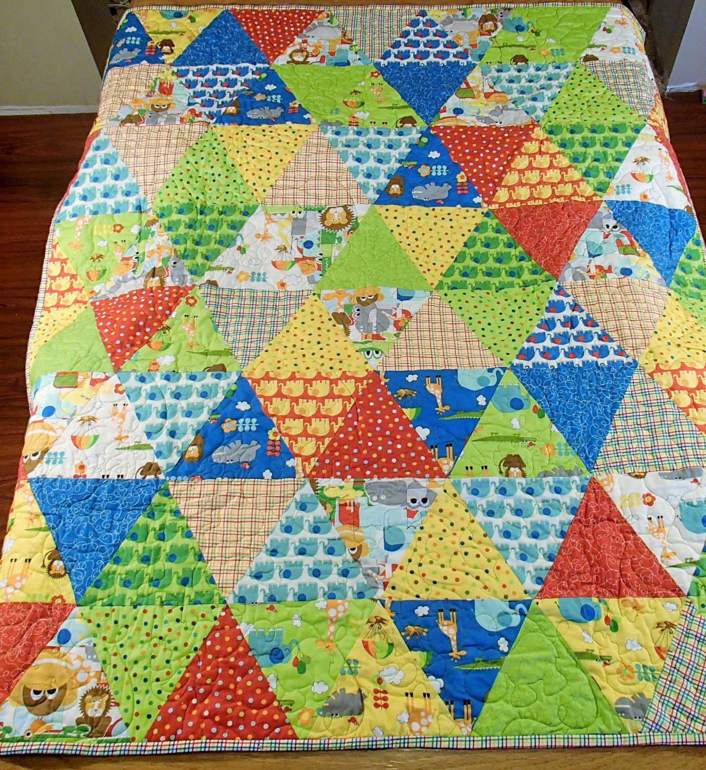 Handmade Zoo Animal Quilt Triangles Striped Minky Baby Boy
