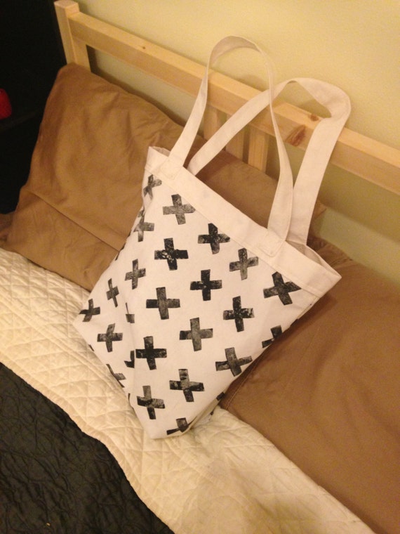 Large Canvas Tote Bag White with Black X's