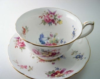 Hammersley Tea Cup and Saucer, White with flowers tea cup and saucer set, English Bone China.