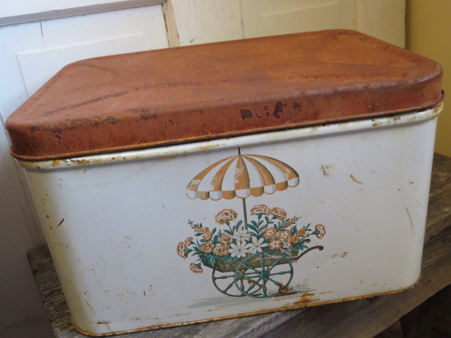 Vintage Metal Bread Box Tin Rusty Green White Yellow Rustic