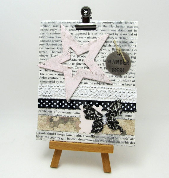 Mixed Media Canvas - Mixed Media Collage - 4 x 5 Canvas - Black and White Collage - Pink Star - Vintage Style - Home Decor - Collage Art