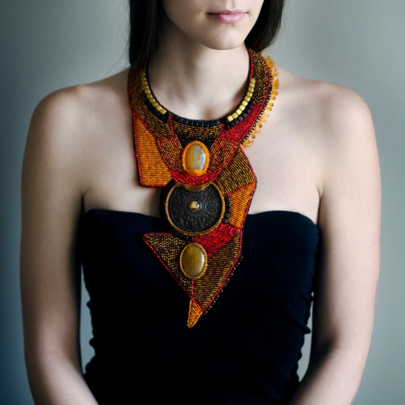 Oversized tribal ethnic necklace collar, large long statement