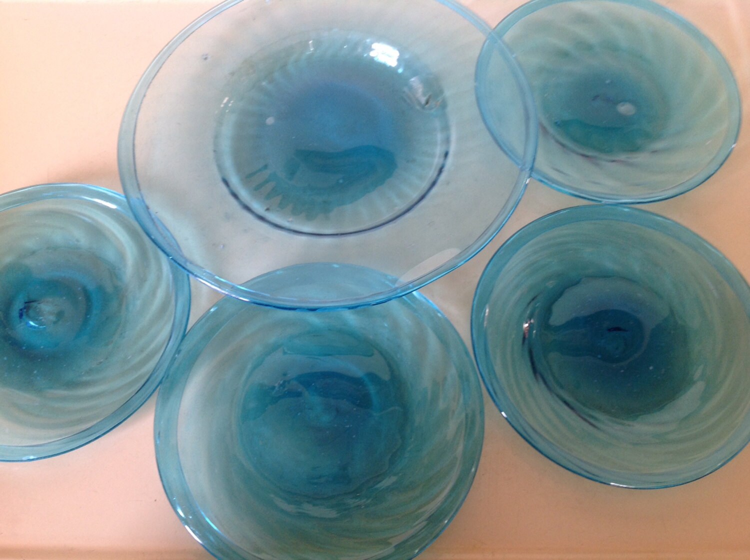Hand Blown Turquoise Glass Rustic Plates Set of 5