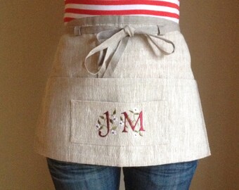 Monogram linen utility apron / gardening apron / half apron / teachers apron / waitress apron / personalised gift