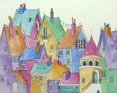 Town Houses bright colourful houses, all full of character an original watercolour painting.