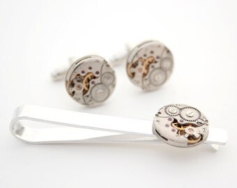 Round Steampunk Tie bar and Cufflinks set Mens Accessories Silver Round Cuff link & Tie Clip Industrial Clockwork set Holiday Gifts for Men