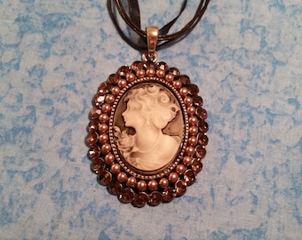 Pearl and Rhinestone Cameo Necklace - Victorian Inspired