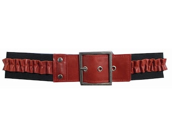 Retro vintage handmade elastic belts stretch belts cinch belts ruffle belts buckle belts wide belts black with Spanish red leather ruffle