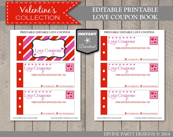 SALE SALE INSTANT Download Editable Printable Love Coupon Book / Type Your Own Text / Personalized / Valentine's Collection